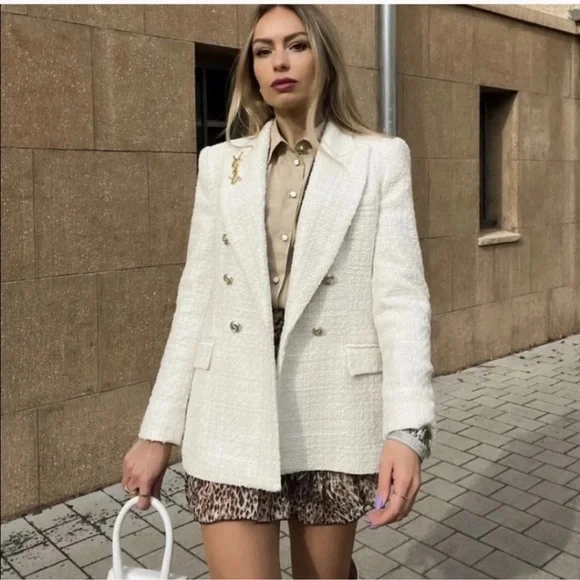 Zara Cream Tweed Double-Breasted Blazer Blogger Favorite Size: S - Picture 2 of 16